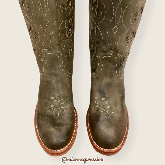 VINTAGE 1980 Frye Austin Sage Green Real Leather Floral Embroidered Cowboy Boot - Picture 5 of 14